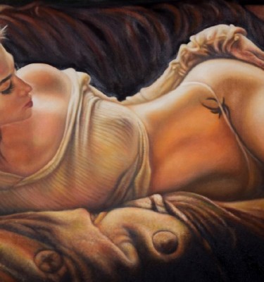 Julia Manolova's       paintings                     In front of the fireplace